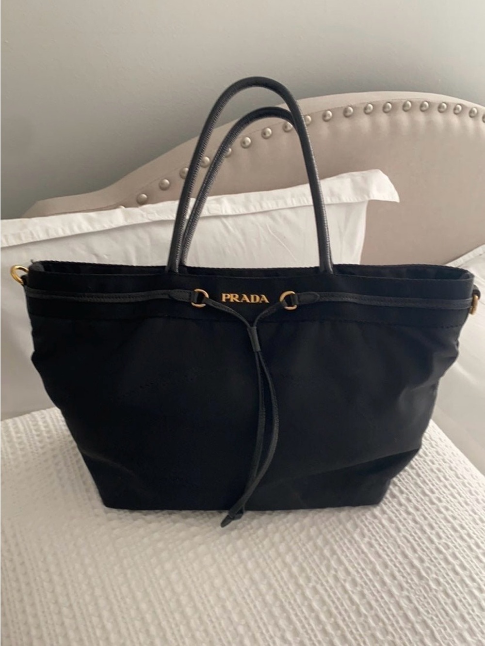 Prada Black Nylon Tote with Gold Logo and Drawstring